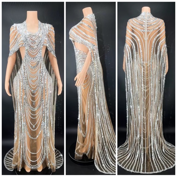 🌸 DIAMOND DRESS RHINESTONE LONG MAXI TALL SHEER SILVER WEDDING BRIDE QUEEN - Picture 3 of 7